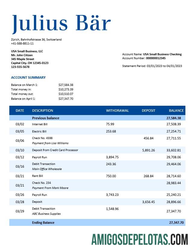 Realista Julius Baer Bank Company Statement Modelo Word e PDF